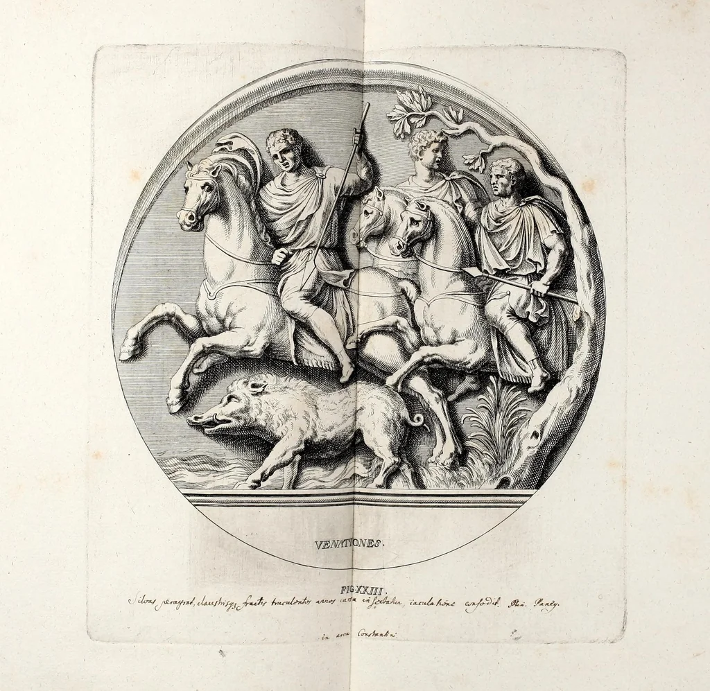 An illustration from Übrig gebliebene Merckzeichen von den römischen Antiquitäten und der Bild-Hauer-Kunst der Alten in Basso-relievo, nach den Marmolsteinern Originalien, so zu Rom in den Triumphbögen und alterfallenen Gebäuen, ingleichen im Capitolio, Palatien und Lustgärten groser Herren anzutreffen sind und viel herrliche zur Erläuterung der Röm: Historie, wie auch der Sitten und Gebräuche der Alten gehörige Sache[n] vor Augen stellen, nach ihrer eigentlichen Vollkommenheit in LXXX grossen Figuren, 1642, leaf 63
