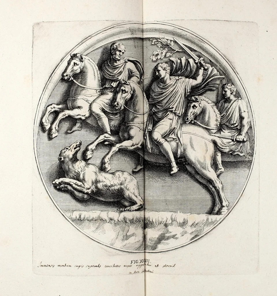 An illustration from Übrig gebliebene Merckzeichen von den römischen Antiquitäten und der Bild-Hauer-Kunst der Alten in Basso-relievo, nach den Marmolsteinern Originalien, so zu Rom in den Triumphbögen und alterfallenen Gebäuen, ingleichen im Capitolio, Palatien und Lustgärten groser Herren anzutreffen sind und viel herrliche zur Erläuterung der Röm: Historie, wie auch der Sitten und Gebräuche der Alten gehörige Sache[n] vor Augen stellen, nach ihrer eigentlichen Vollkommenheit in LXXX grossen Figuren, 1642, leaf 65