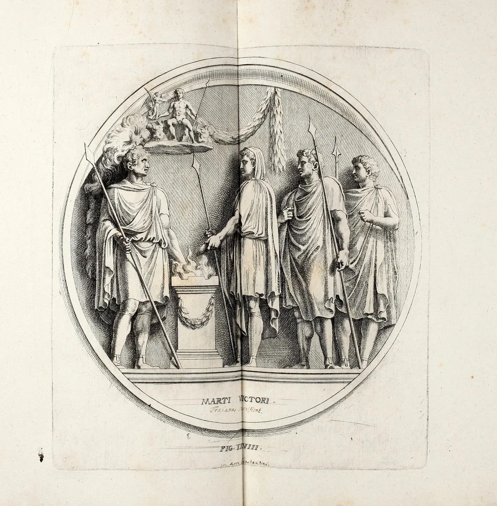 An illustration from Übrig gebliebene Merckzeichen von den römischen Antiquitäten und der Bild-Hauer-Kunst der Alten in Basso-relievo, nach den Marmolsteinern Originalien, so zu Rom in den Triumphbögen und alterfallenen Gebäuen, ingleichen im Capitolio, Palatien und Lustgärten groser Herren anzutreffen sind und viel herrliche zur Erläuterung der Röm: Historie, wie auch der Sitten und Gebräuche der Alten gehörige Sache[n] vor Augen stellen, nach ihrer eigentlichen Vollkommenheit in LXXX grossen Figuren, 1642, leaf 73