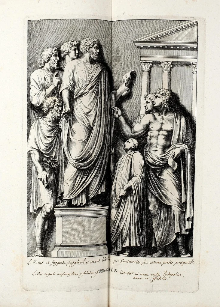 An illustration from Übrig gebliebene Merckzeichen von den römischen Antiquitäten und der Bild-Hauer-Kunst der Alten in Basso-relievo, nach den Marmolsteinern Originalien, so zu Rom in den Triumphbögen und alterfallenen Gebäuen, ingleichen im Capitolio, Palatien und Lustgärten groser Herren anzutreffen sind und viel herrliche zur Erläuterung der Röm: Historie, wie auch der Sitten und Gebräuche der Alten gehörige Sache[n] vor Augen stellen, nach ihrer eigentlichen Vollkommenheit in LXXX grossen Figuren, 1642, leaf 87