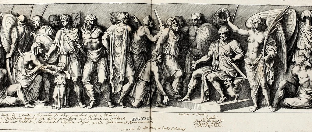 An illustration from Übrig gebliebene Merckzeichen von den römischen Antiquitäten und der Bild-Hauer-Kunst der Alten in Basso-relievo, nach den Marmolsteinern Originalien, so zu Rom in den Triumphbögen und alterfallenen Gebäuen, ingleichen im Capitolio, Palatien und Lustgärten groser Herren anzutreffen sind und viel herrliche zur Erläuterung der Röm: Historie, wie auch der Sitten und Gebräuche der Alten gehörige Sache[n] vor Augen stellen, nach ihrer eigentlichen Vollkommenheit in LXXX grossen Figuren, 1642, leaf 89