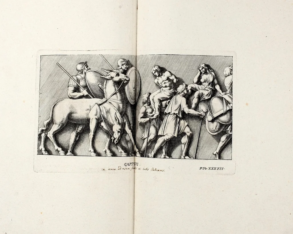 An illustration from Übrig gebliebene Merckzeichen von den römischen Antiquitäten und der Bild-Hauer-Kunst der Alten in Basso-relievo, nach den Marmolsteinern Originalien, so zu Rom in den Triumphbögen und alterfallenen Gebäuen, ingleichen im Capitolio, Palatien und Lustgärten groser Herren anzutreffen sind und viel herrliche zur Erläuterung der Röm: Historie, wie auch der Sitten und Gebräuche der Alten gehörige Sache[n] vor Augen stellen, nach ihrer eigentlichen Vollkommenheit in LXXX grossen Figuren, 1642, leaf 91