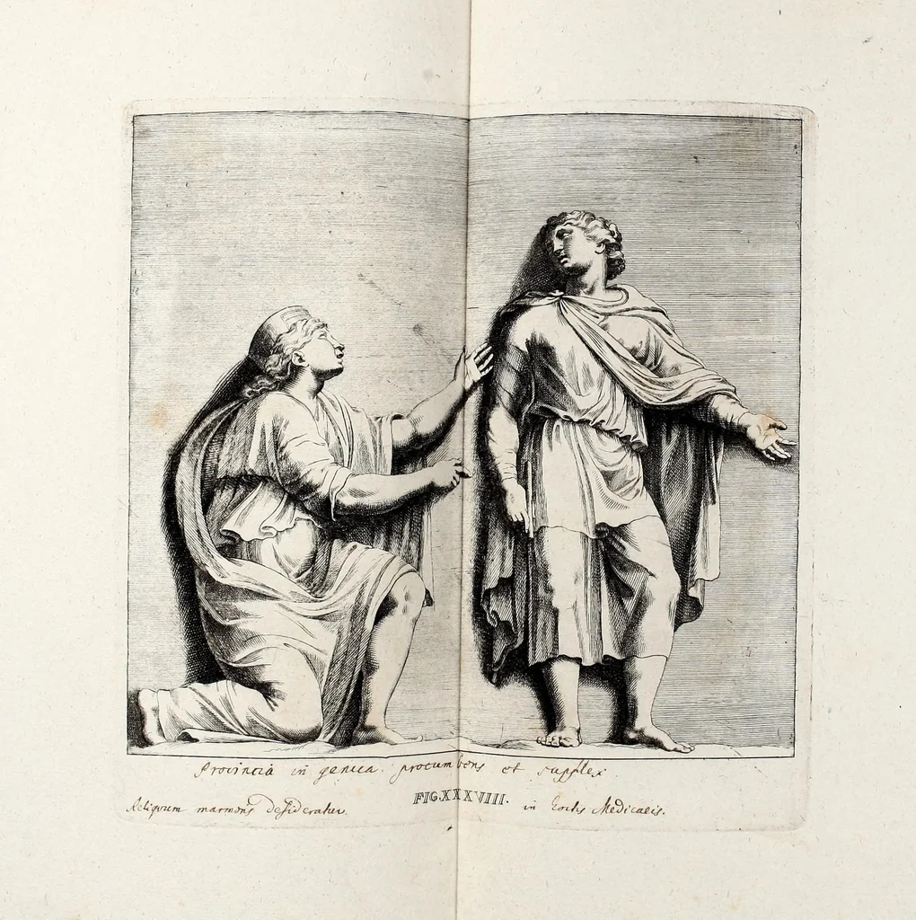 An illustration from Übrig gebliebene Merckzeichen von den römischen Antiquitäten und der Bild-Hauer-Kunst der Alten in Basso-relievo, nach den Marmolsteinern Originalien, so zu Rom in den Triumphbögen und alterfallenen Gebäuen, ingleichen im Capitolio, Palatien und Lustgärten groser Herren anzutreffen sind und viel herrliche zur Erläuterung der Röm: Historie, wie auch der Sitten und Gebräuche der Alten gehörige Sache[n] vor Augen stellen, nach ihrer eigentlichen Vollkommenheit in LXXX grossen Figuren, 1642, leaf 93