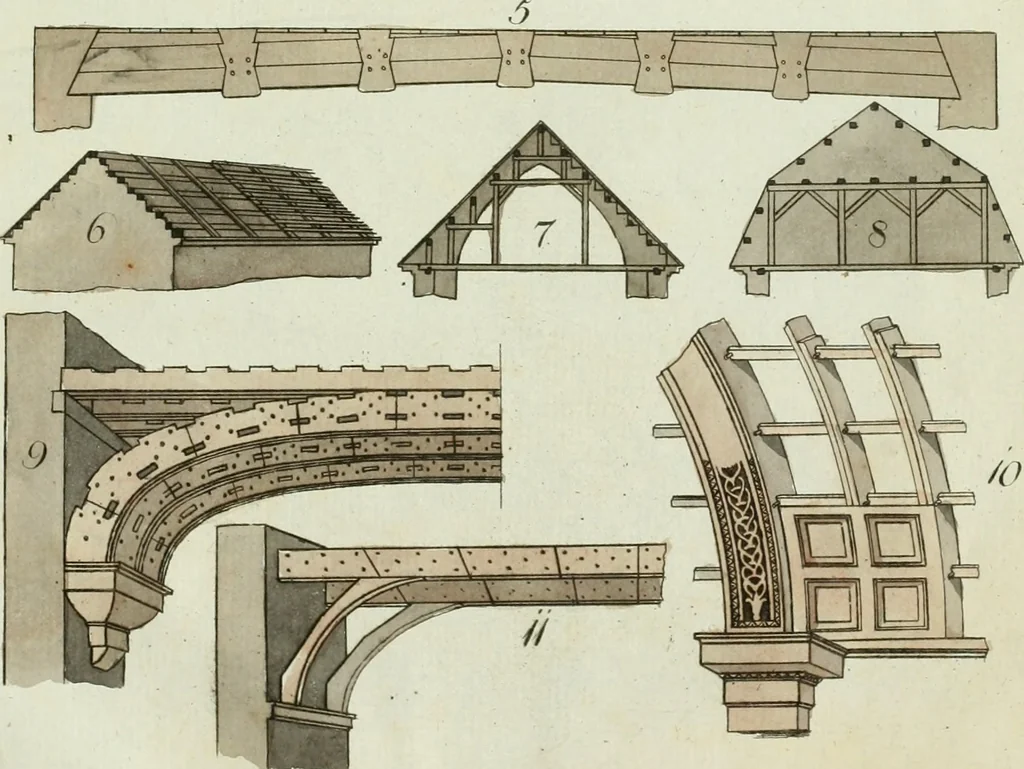 An illustration from Ueber Erfindung, Construction und Vortheile der Bohlen-Dächer : mit besonderer Rücksicht auf die Urschrift ihres Erfinders, 1797, leaf 98