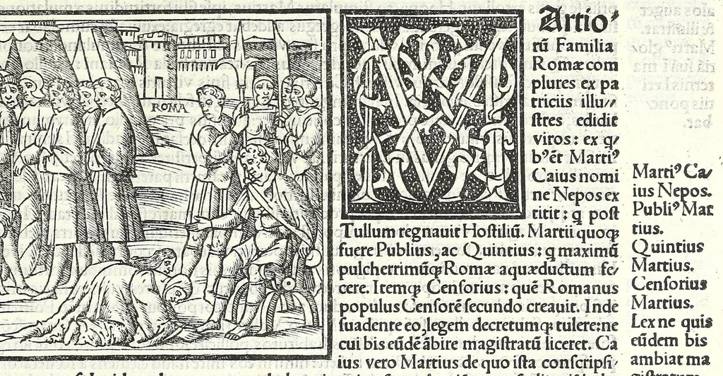 An illustration from Uitae Plutarchi Cheronei : nouissime post Jodocũ Badiũ Ascẽsium lõge diligentius repositae, maioreq[ue] diligẽtia castigatae, cũ copiosiore verioreq[ue] indice : necnon cũ Aemilij Probi vitis : una cũ figuris suis locis apte dispositis, 1516, leaf 139