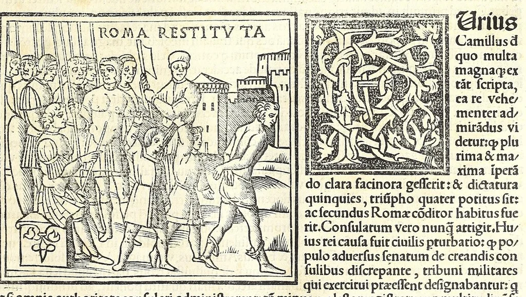 An illustration from Uitae Plutarchi Cheronei : nouissime post Jodocũ Badiũ Ascẽsium lõge diligentius repositae, maioreq[ue] diligẽtia castigatae, cũ copiosiore verioreq[ue] indice : necnon cũ Aemilij Probi vitis : una cũ figuris suis locis apte dispositis, 1516, leaf 161