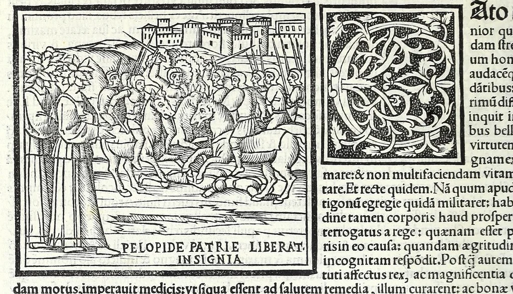 An illustration from Uitae Plutarchi Cheronei : nouissime post Jodocũ Badiũ Ascẽsium lõge diligentius repositae, maioreq[ue] diligẽtia castigatae, cũ copiosiore verioreq[ue] indice : necnon cũ Aemilij Probi vitis : una cũ figuris suis locis apte dispositis, 1516, leaf 196