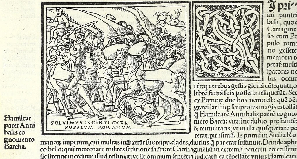 An illustration from Uitae Plutarchi Cheronei : nouissime post Jodocũ Badiũ Ascẽsium lõge diligentius repositae, maioreq[ue] diligẽtia castigatae, cũ copiosiore verioreq[ue] indice : necnon cũ Aemilij Probi vitis : una cũ figuris suis locis apte dispositis, 1516, leaf 218