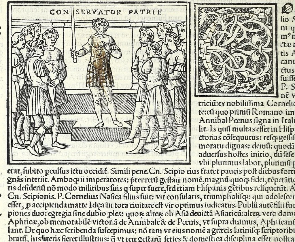 An illustration from Uitae Plutarchi Cheronei : nouissime post Jodocũ Badiũ Ascẽsium lõge diligentius repositae, maioreq[ue] diligẽtia castigatae, cũ copiosiore verioreq[ue] indice : necnon cũ Aemilij Probi vitis : una cũ figuris suis locis apte dispositis, 1516, leaf 234