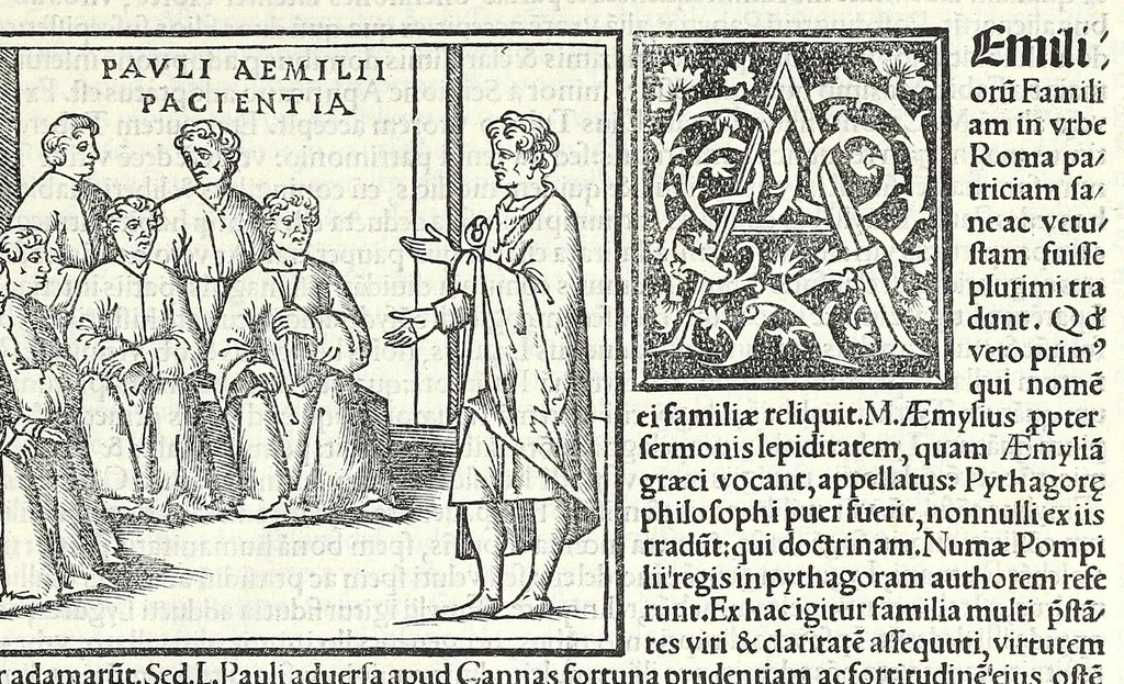 An illustration from Uitae Plutarchi Cheronei : nouissime post Jodocũ Badiũ Ascẽsium lõge diligentius repositae, maioreq[ue] diligẽtia castigatae, cũ copiosiore verioreq[ue] indice : necnon cũ Aemilij Probi vitis : una cũ figuris suis locis apte dispositis, 1516, leaf 297