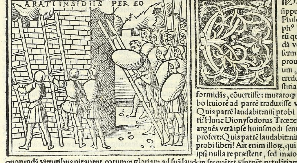 An illustration from Uitae Plutarchi Cheronei : nouissime post Jodocũ Badiũ Ascẽsium lõge diligentius repositae, maioreq[ue] diligẽtia castigatae, cũ copiosiore verioreq[ue] indice : necnon cũ Aemilij Probi vitis : una cũ figuris suis locis apte dispositis, 1516, leaf 676