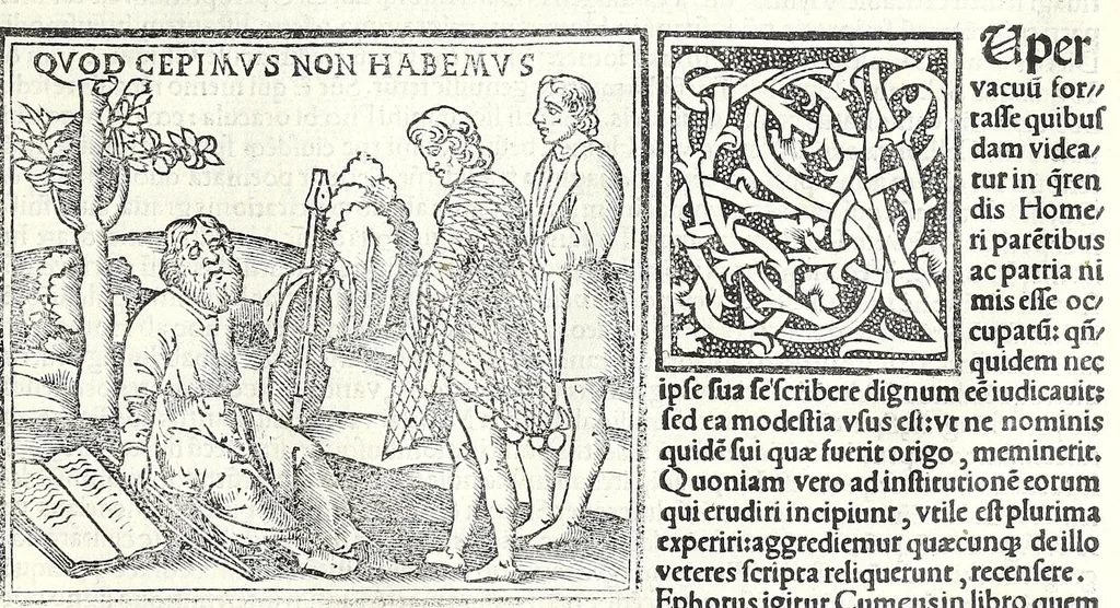 An illustration from Uitae Plutarchi Cheronei : nouissime post Jodocũ Badiũ Ascẽsium lõge diligentius repositae, maioreq[ue] diligẽtia castigatae, cũ copiosiore verioreq[ue] indice : necnon cũ Aemilij Probi vitis : una cũ figuris suis locis apte dispositis, 1516, leaf 703