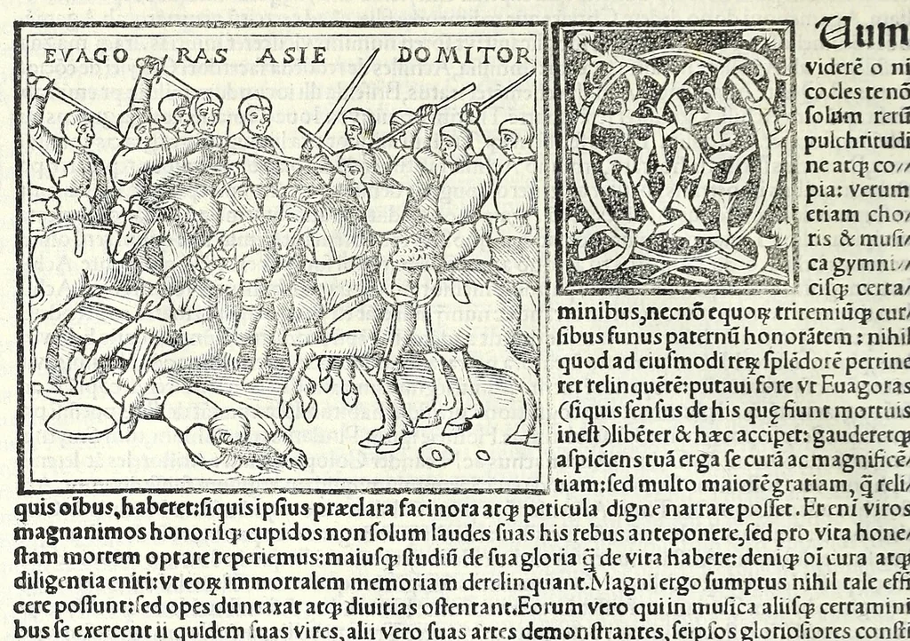 An illustration from Uitae Plutarchi Cheronei : nouissime post Jodocũ Badiũ Ascẽsium lõge diligentius repositae, maioreq[ue] diligẽtia castigatae, cũ copiosiore verioreq[ue] indice : necnon cũ Aemilij Probi vitis : una cũ figuris suis locis apte dispositis, 1516, leaf 706