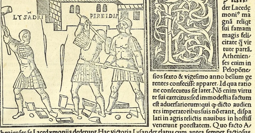An illustration from Uitae Plutarchi Cheronei : nouissime post Jodocũ Badiũ Ascẽsium lõge diligentius repositae, maioreq[ue] diligẽtia castigatae, cũ copiosiore verioreq[ue] indice : necnon cũ Aemilij Probi vitis : una cũ figuris suis locis apte dispositis, 1516, leaf 745