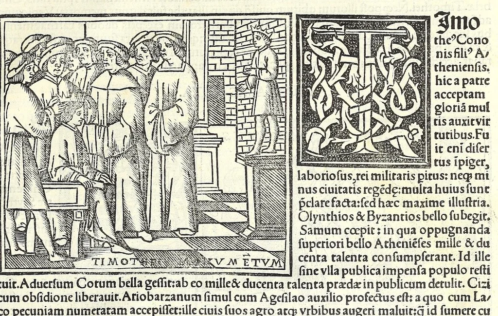 An illustration from Uitae Plutarchi Cheronei : nouissime post Jodocũ Badiũ Ascẽsium lõge diligentius repositae, maioreq[ue] diligẽtia castigatae, cũ copiosiore verioreq[ue] indice : necnon cũ Aemilij Probi vitis : una cũ figuris suis locis apte dispositis, 1516, leaf 755