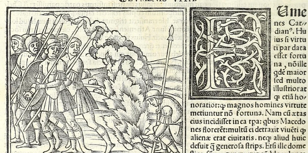 An illustration from Uitae Plutarchi Cheronei : nouissime post Jodocũ Badiũ Ascẽsium lõge diligentius repositae, maioreq[ue] diligẽtia castigatae, cũ copiosiore verioreq[ue] indice : necnon cũ Aemilij Probi vitis : una cũ figuris suis locis apte dispositis, 1516, leaf 764