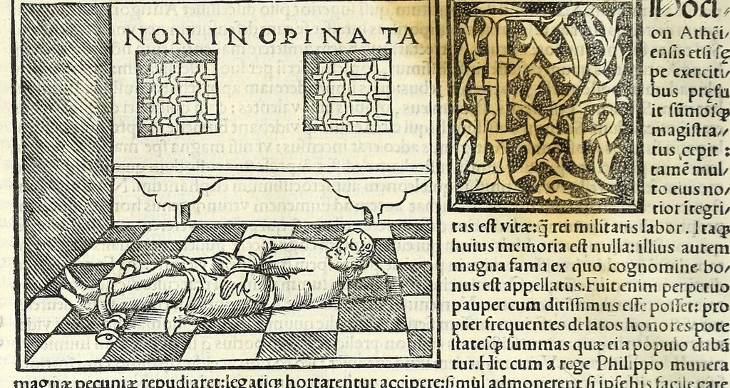 An illustration from Uitae Plutarchi Cheronei : nouissime post Jodocũ Badiũ Ascẽsium lõge diligentius repositae, maioreq[ue] diligẽtia castigatae, cũ copiosiore verioreq[ue] indice : necnon cũ Aemilij Probi vitis : una cũ figuris suis locis apte dispositis, 1516, leaf 768