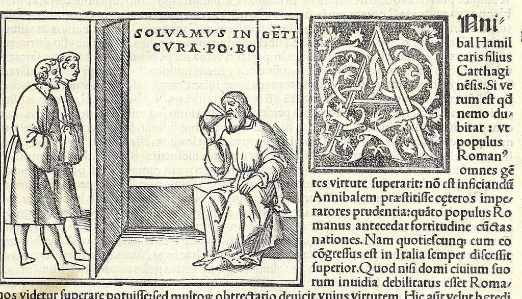 An illustration from Uitae Plutarchi Cheronei : nouissime post Jodocũ Badiũ Ascẽsium lõge diligentius repositae, maioreq[ue] diligẽtia castigatae, cũ copiosiore verioreq[ue] indice : necnon cũ Aemilij Probi vitis : una cũ figuris suis locis apte dispositis, 1516, leaf 771