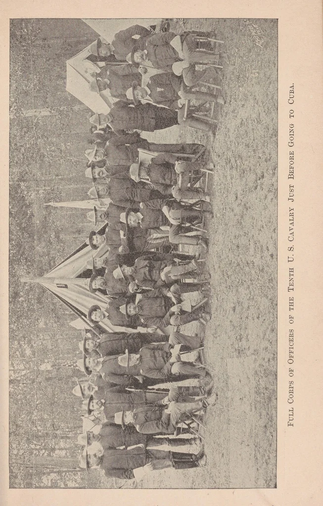 An illustration from Under fire. With the Tenth U.S. cavalry. Being a brief, comprehensive review of the Negro's participation in the wars of the United States. Especially showing the valor and heroism of the Negro soldiers of the Ninth and Tenth cavalries, and the Twenty-fourth and Twenty-fifth infantries of the regular army; as demonstrated in the decisive campaign around Santiago de Cuba, 1898 ... Thrilling episodes interestingly narrated by officers and men. Famous Indian campaigns and their results. A purely military history of the Negro. With introduction by Major-General Joseph Wheeler ... By Herschel V. Cashin ... Charles Alexander ... William T. Anderson ... Arthur M. Brown ... Horace W. Bivins ... illustrated with over one hundred fine engravings from original photographs .., 1899, leaf 73