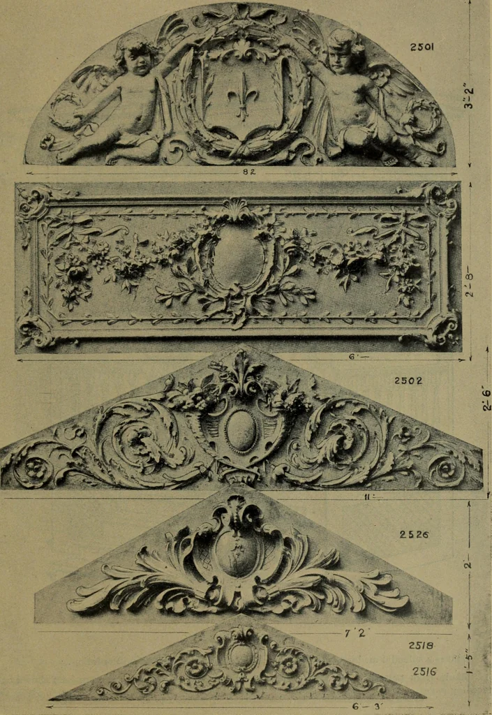 An illustration from Universal design book : containing official list prices of sash, doors and blinds ... official list prices of head, corner and base blocks ... official moulding book ... official list: window glass .., 1908, leaf 238