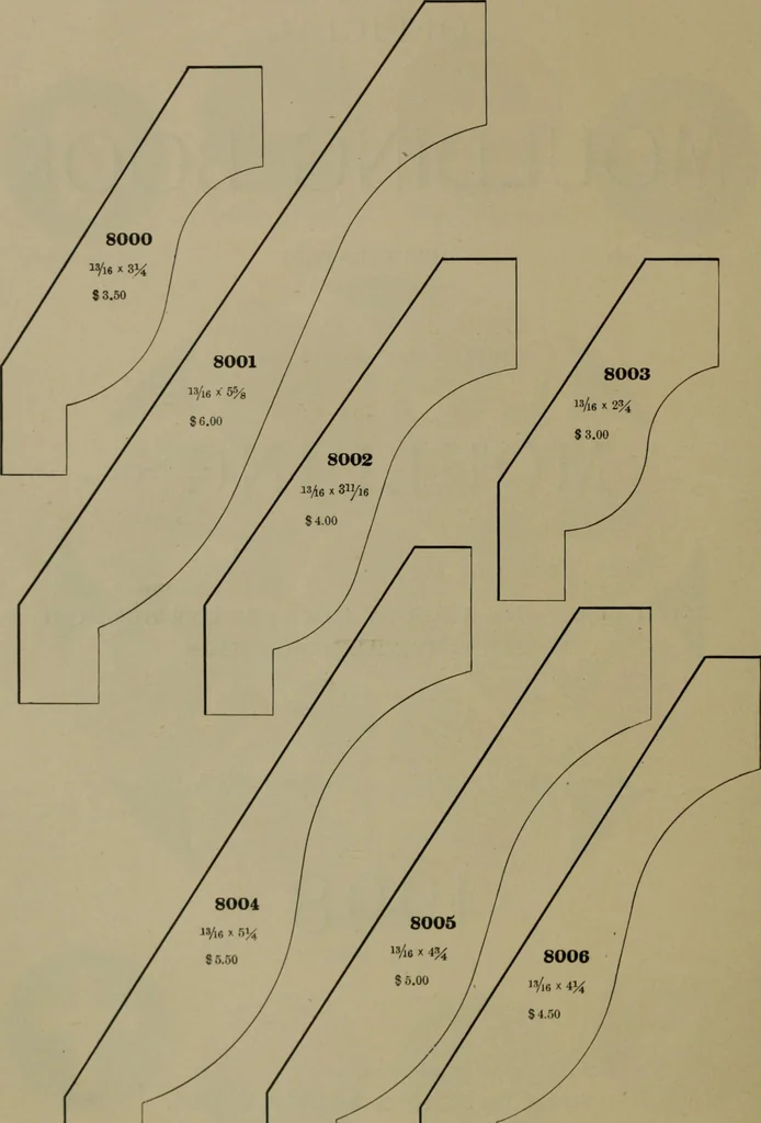 An illustration from Universal design book : containing official list prices of sash, doors and blinds ... official list prices of head, corner and base blocks ... official moulding book ... official list: window glass .., 1908, leaf 419