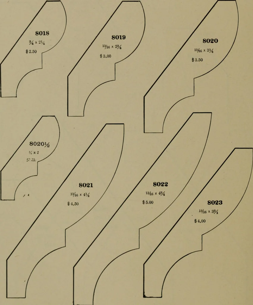 An illustration from Universal design book : containing official list prices of sash, doors and blinds ... official list prices of head, corner and base blocks ... official moulding book ... official list: window glass .., 1908, leaf 421