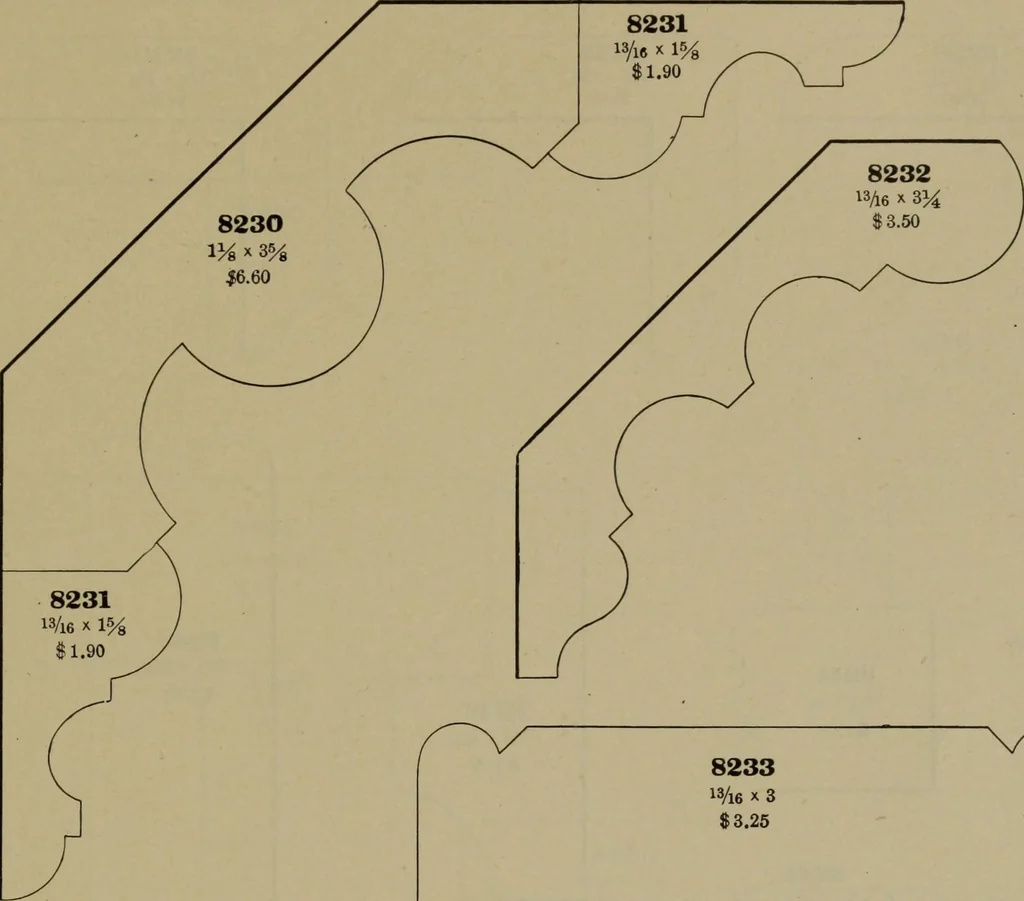 An illustration from Universal design book : containing official list prices of sash, doors and blinds ... official list prices of head, corner and base blocks ... official moulding book ... official list: window glass .., 1908, leaf 436