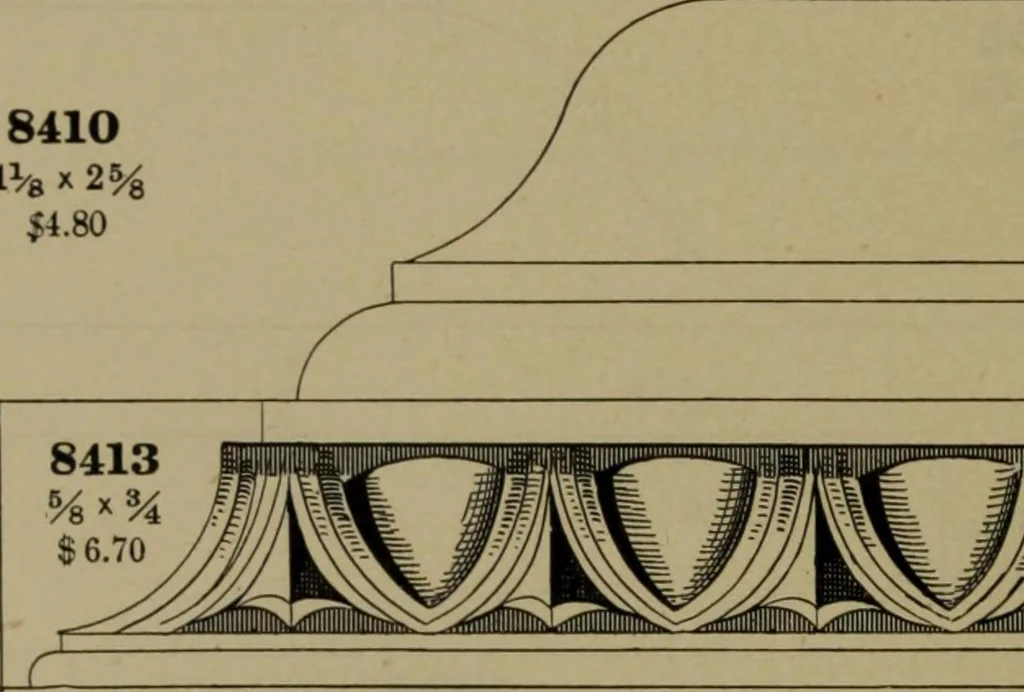 An illustration from Universal design book : containing official list prices of sash, doors and blinds ... official list prices of head, corner and base blocks ... official moulding book ... official list: window glass .., 1908, leaf 459