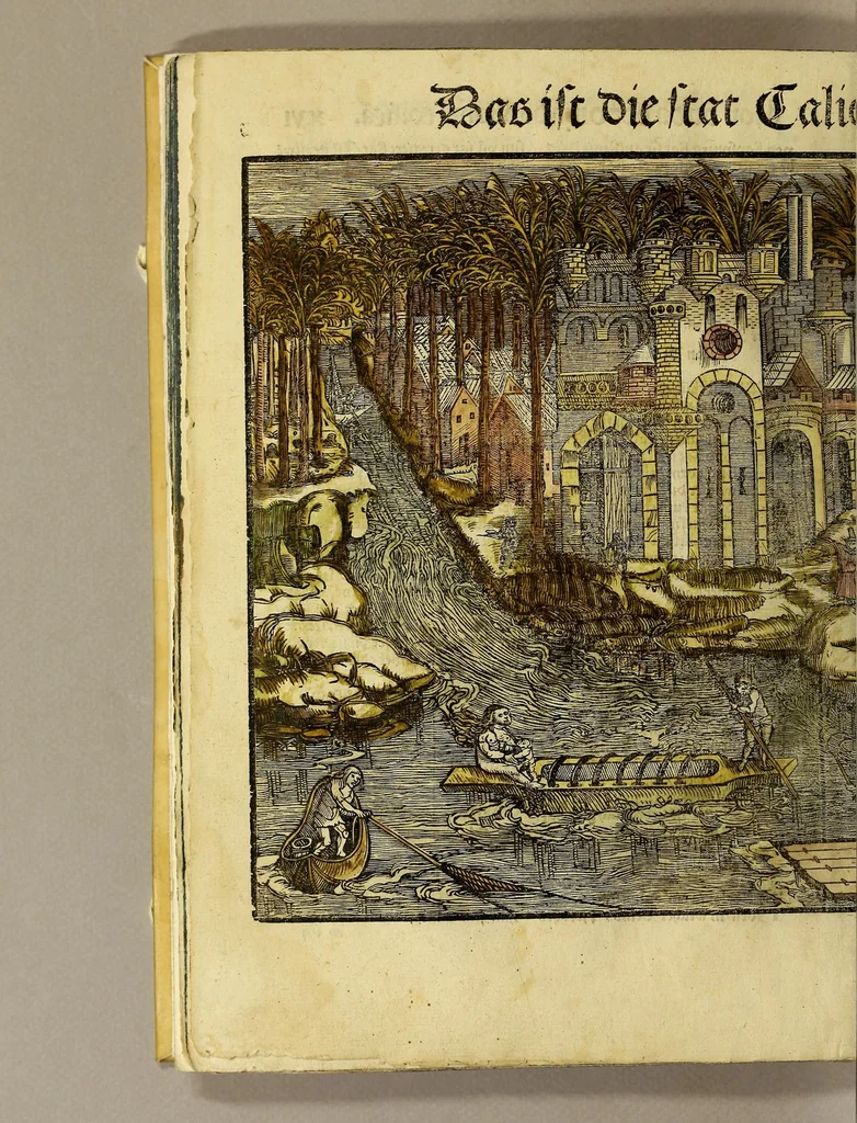 An illustration from Uslegung der Mercarthen oder Cartha marina : darin man sehen mag, wa einer in der Welt sey, vnd wa ein ietlich Land, Wasser vnd Stat gelege[n] ist. Das als in de[m] Büchlin zefinde[n], 1525, leaf 26