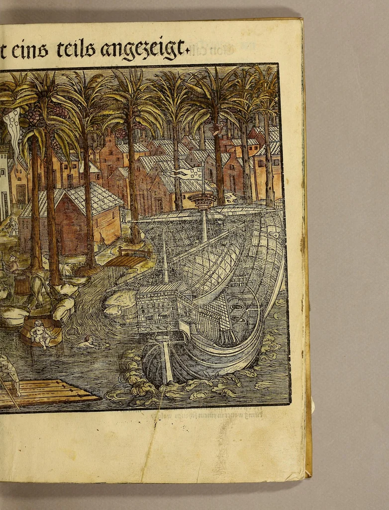 An illustration from Uslegung der Mercarthen oder Cartha marina : darin man sehen mag, wa einer in der Welt sey, vnd wa ein ietlich Land, Wasser vnd Stat gelege[n] ist. Das als in de[m] Büchlin zefinde[n], 1525, leaf 27