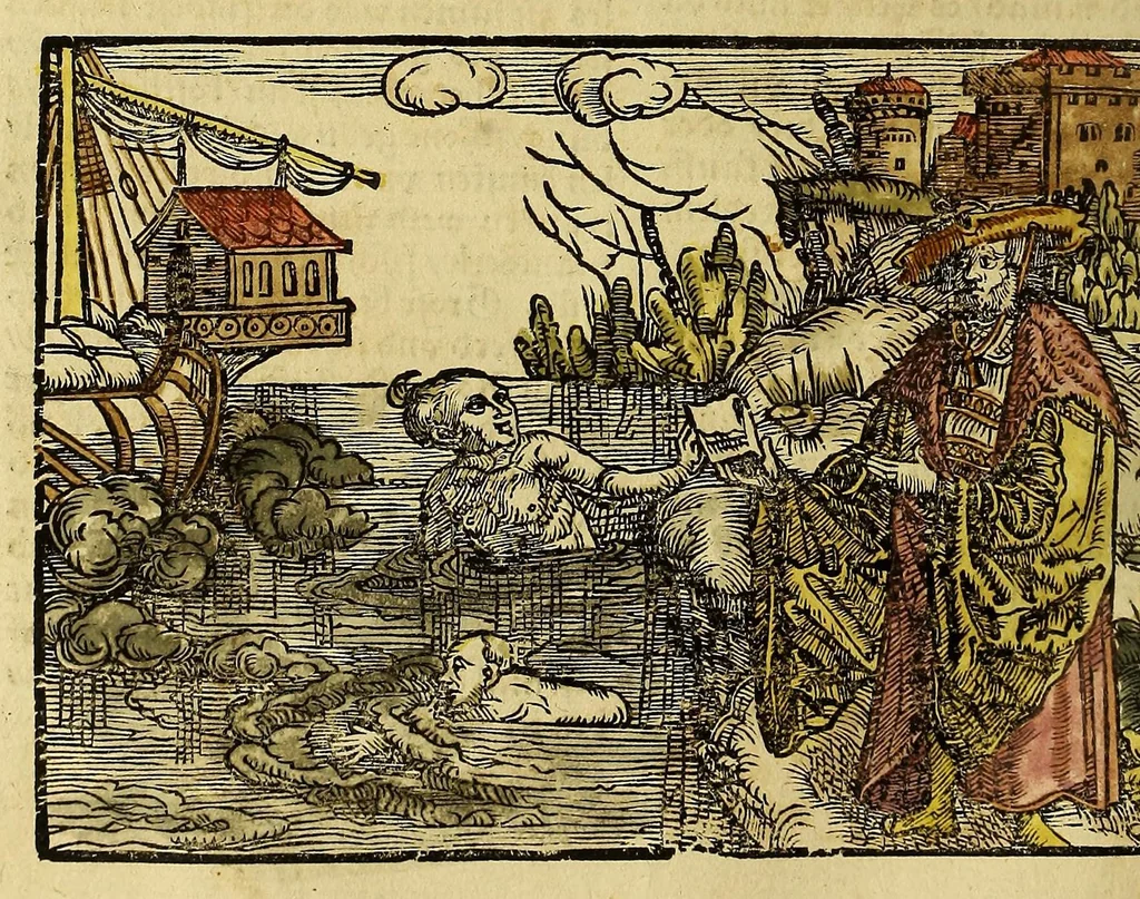 An illustration from Uslegung der Mercarthen oder Cartha marina : darin man sehen mag, wa einer in der Welt sey, vnd wa ein ietlich Land, Wasser vnd Stat gelege[n] ist. Das als in de[m] Büchlin zefinde[n], 1525, leaf 56