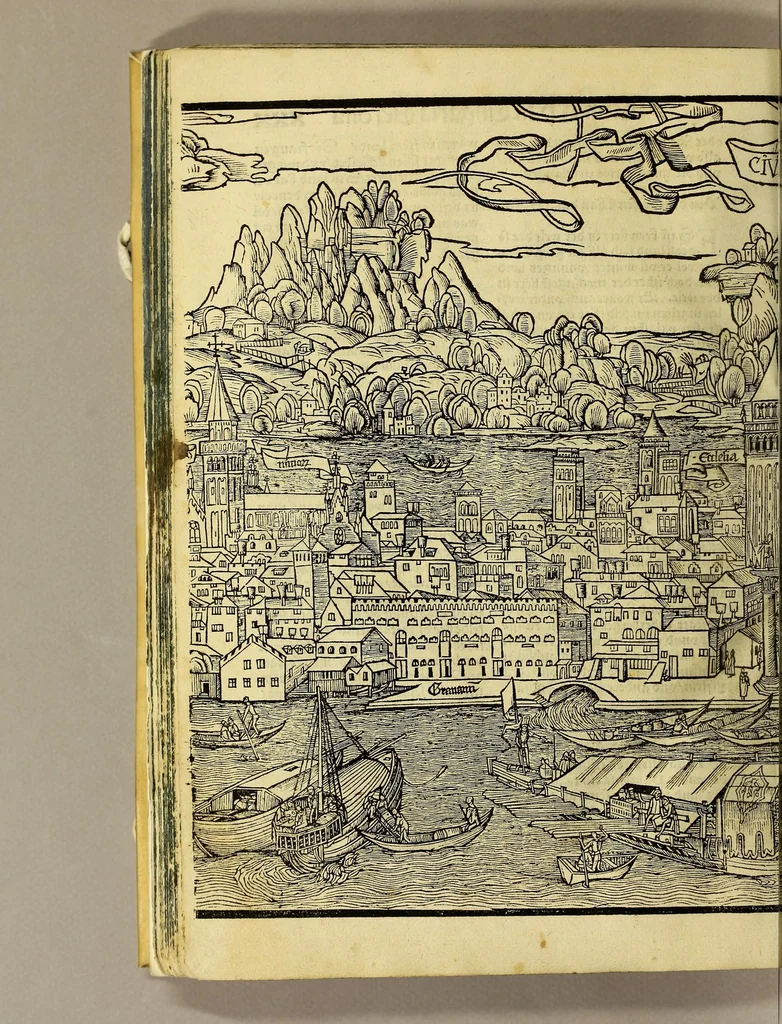 An illustration from Uslegung der Mercarthen oder Cartha marina : darin man sehen mag, wa einer in der Welt sey, vnd wa ein ietlich Land, Wasser vnd Stat gelege[n] ist. Das als in de[m] Büchlin zefinde[n], 1525, leaf 64