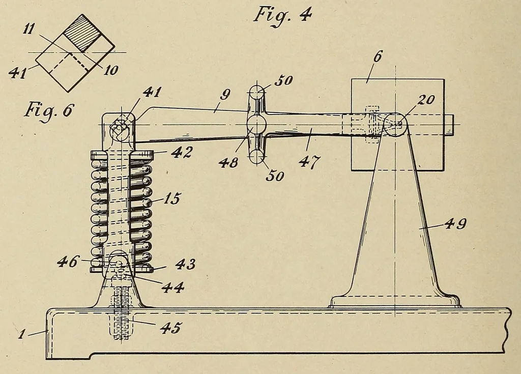 An illustration from U.S. patents covering time keeping mechanisms, 1923, leaf 1062