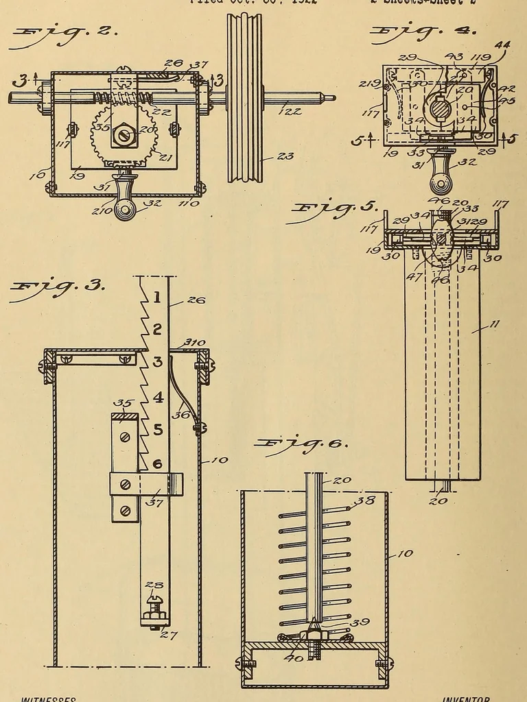 An illustration from U.S. patents covering time keeping mechanisms, 1923, leaf 1226