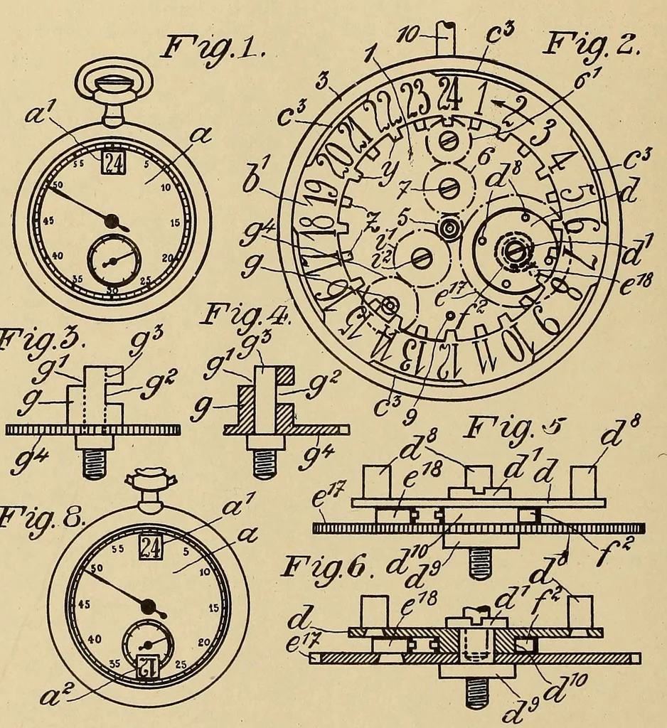 An illustration from U.S. patents covering time keeping mechanisms, 1923, leaf 404