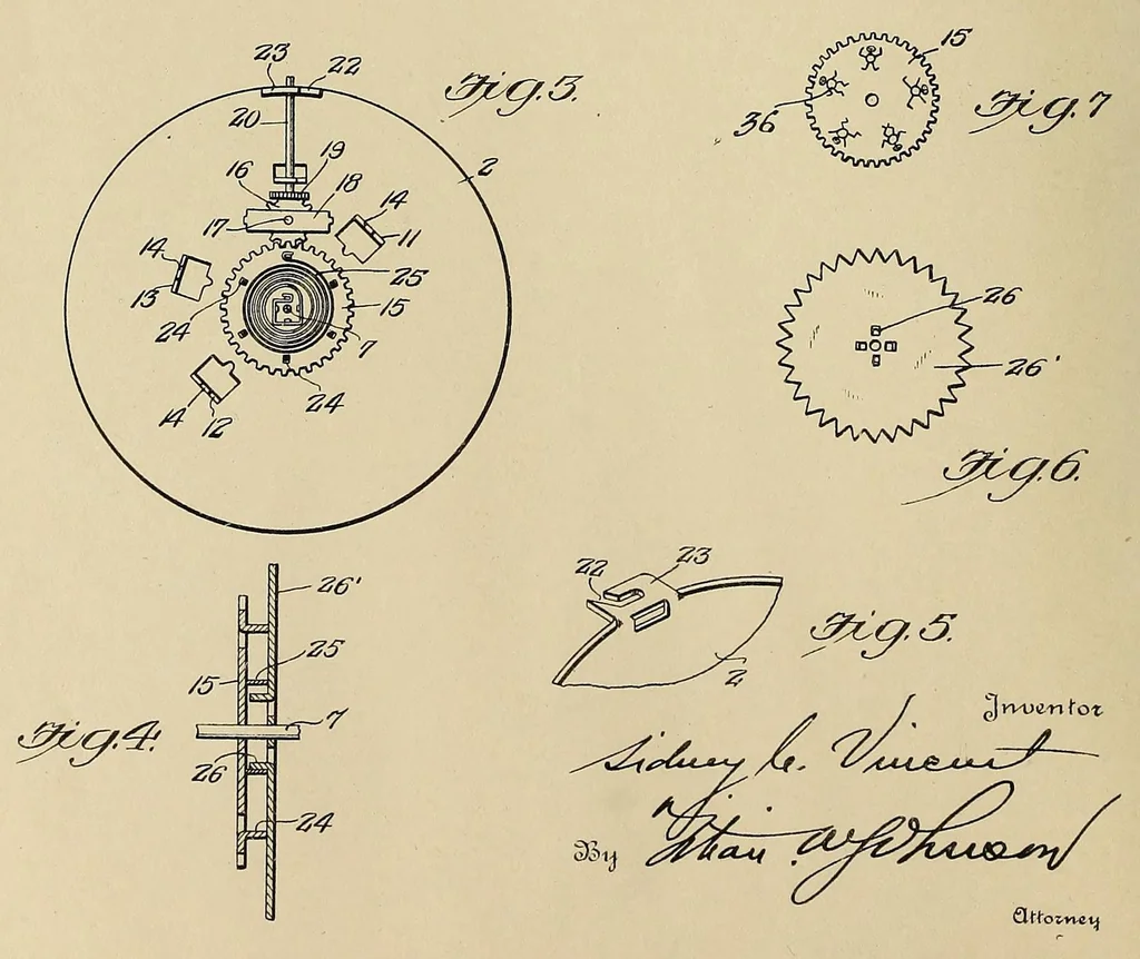 An illustration from U.S. patents covering time keeping mechanisms, 1923, leaf 62