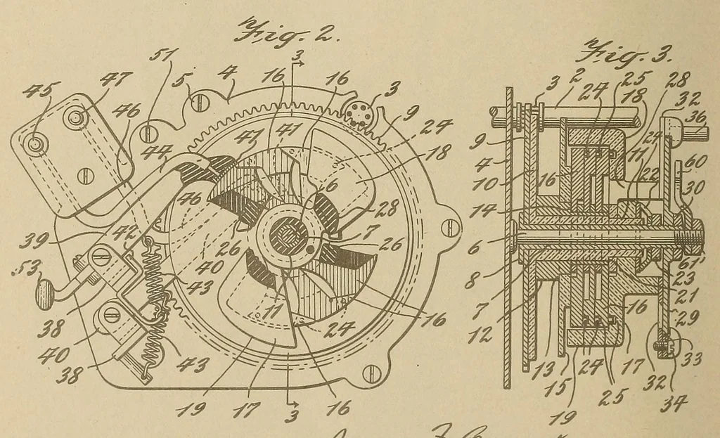 An illustration from U.S. patents covering time keeping mechanisms, 1923, leaf 626