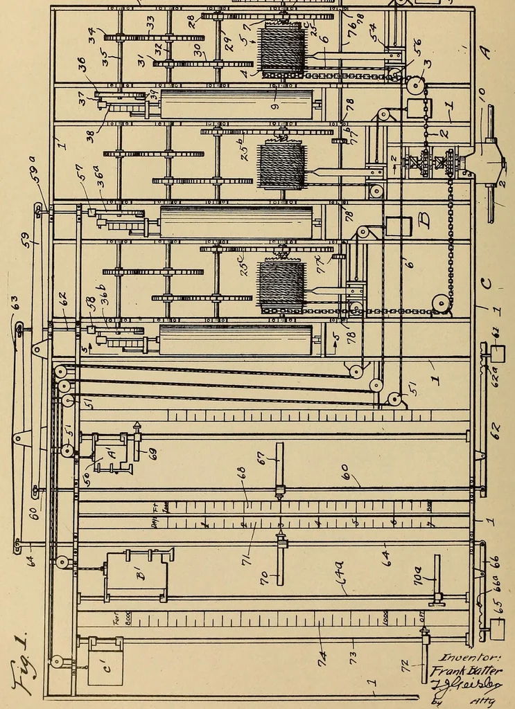 An illustration from U.S. patents covering time keeping mechanisms, 1923, leaf 734