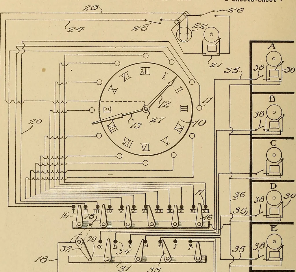 An illustration from U.S. patents covering time keeping mechanisms, 1923, leaf 864