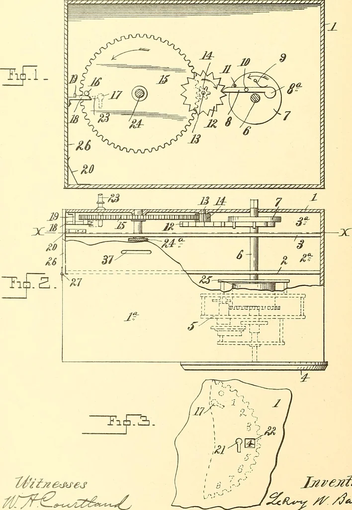 An illustration from U.S. patents covering time keeping mechanisms, 1892, leaf 105