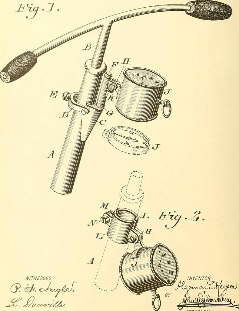 An illustration from U.S. patents covering time keeping mechanisms, 1892, leaf 109