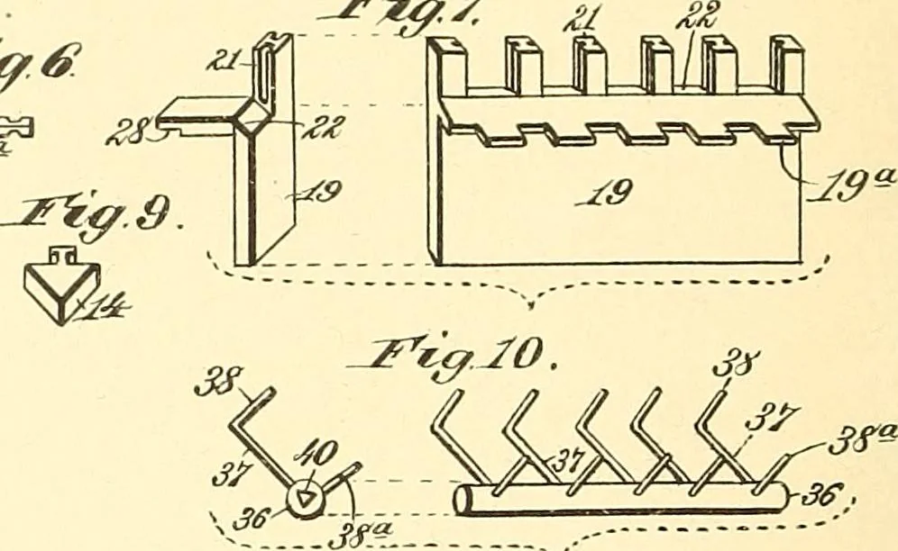 An illustration from U.S. patents covering time keeping mechanisms, 1892, leaf 113