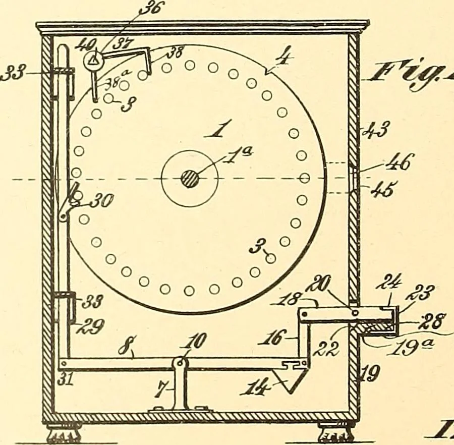 An illustration from U.S. patents covering time keeping mechanisms, 1892, leaf 113