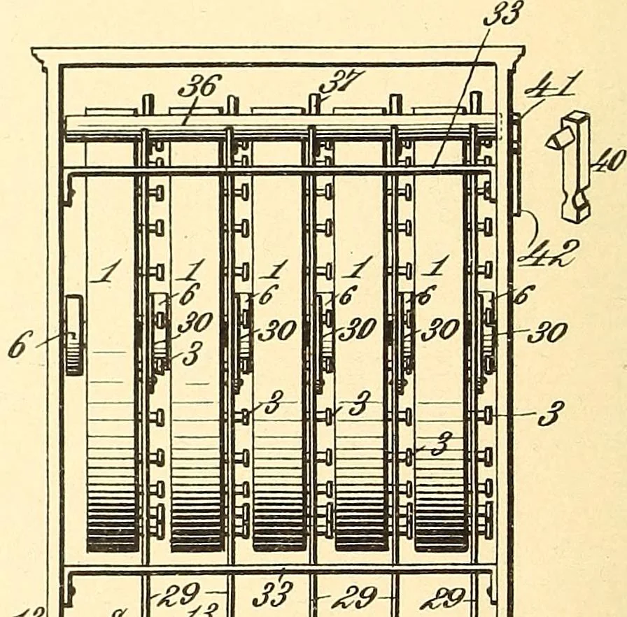 An illustration from U.S. patents covering time keeping mechanisms, 1892, leaf 115