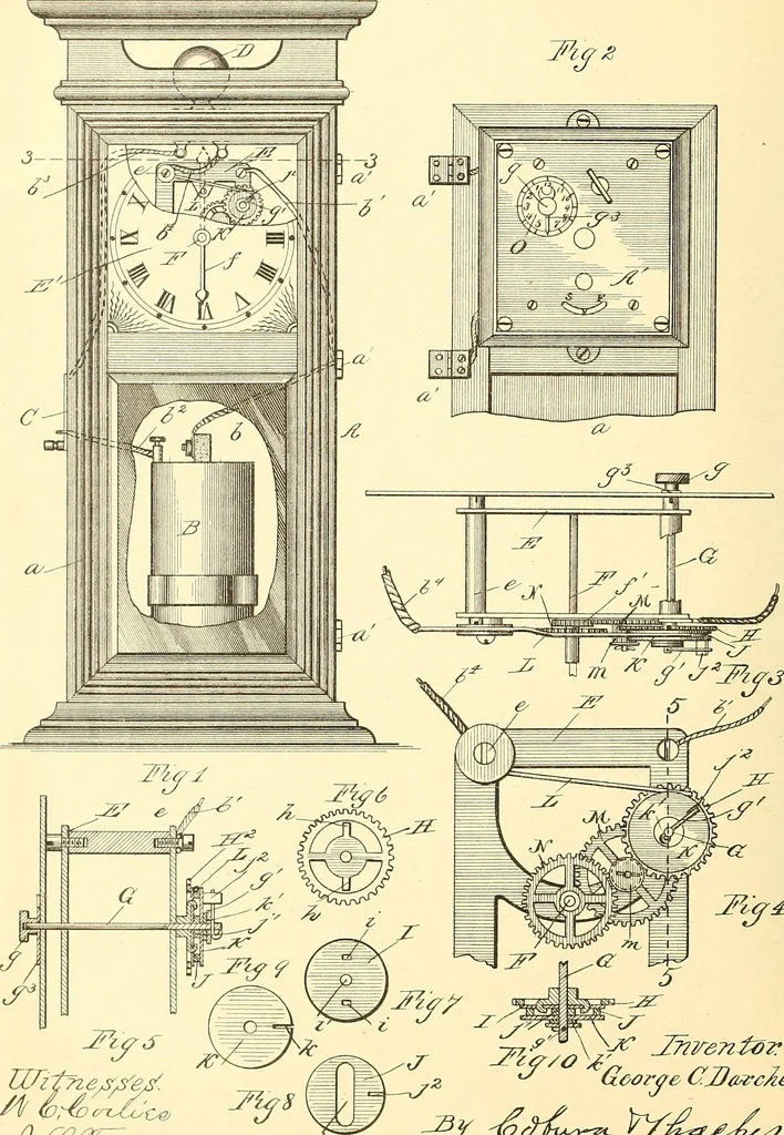 An illustration from U.S. patents covering time keeping mechanisms, 1892, leaf 125