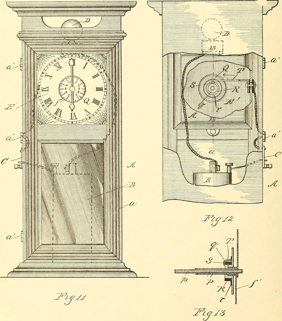 An illustration from U.S. patents covering time keeping mechanisms, 1892, leaf 127