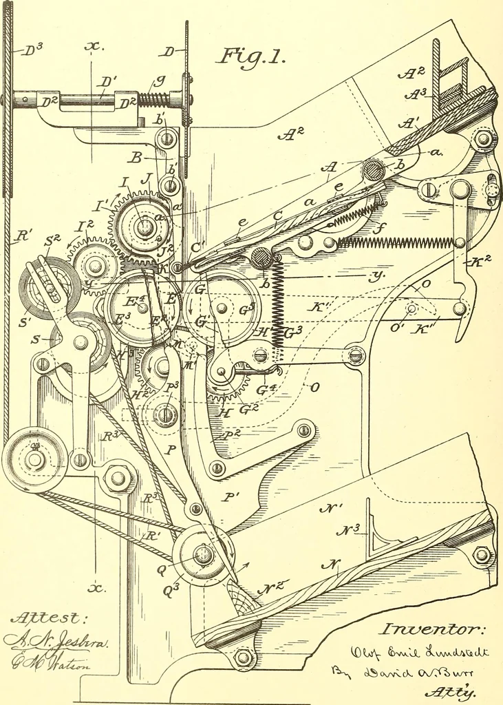 An illustration from U.S. patents covering time keeping mechanisms, 1892, leaf 13