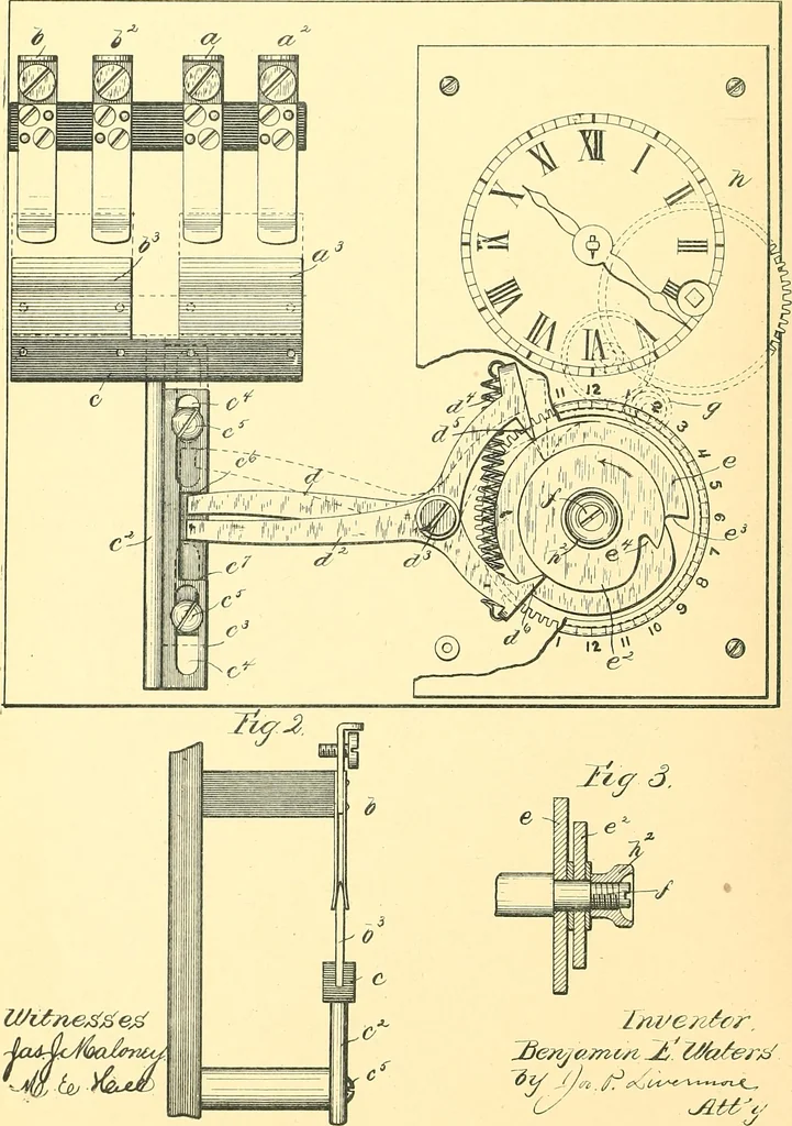 An illustration from U.S. patents covering time keeping mechanisms, 1892, leaf 133