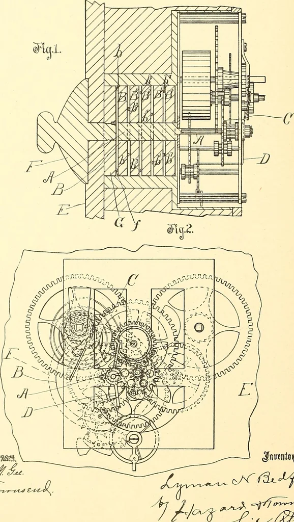 An illustration from U.S. patents covering time keeping mechanisms, 1892, leaf 137
