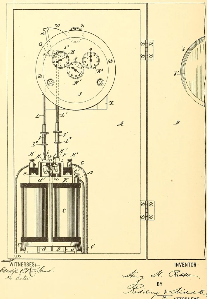 An illustration from U.S. patents covering time keeping mechanisms, 1892, leaf 141